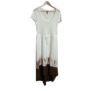 XCVI Women's Large White Brown Scoop Neck Tie Waist Maxi Dress Mixed Media